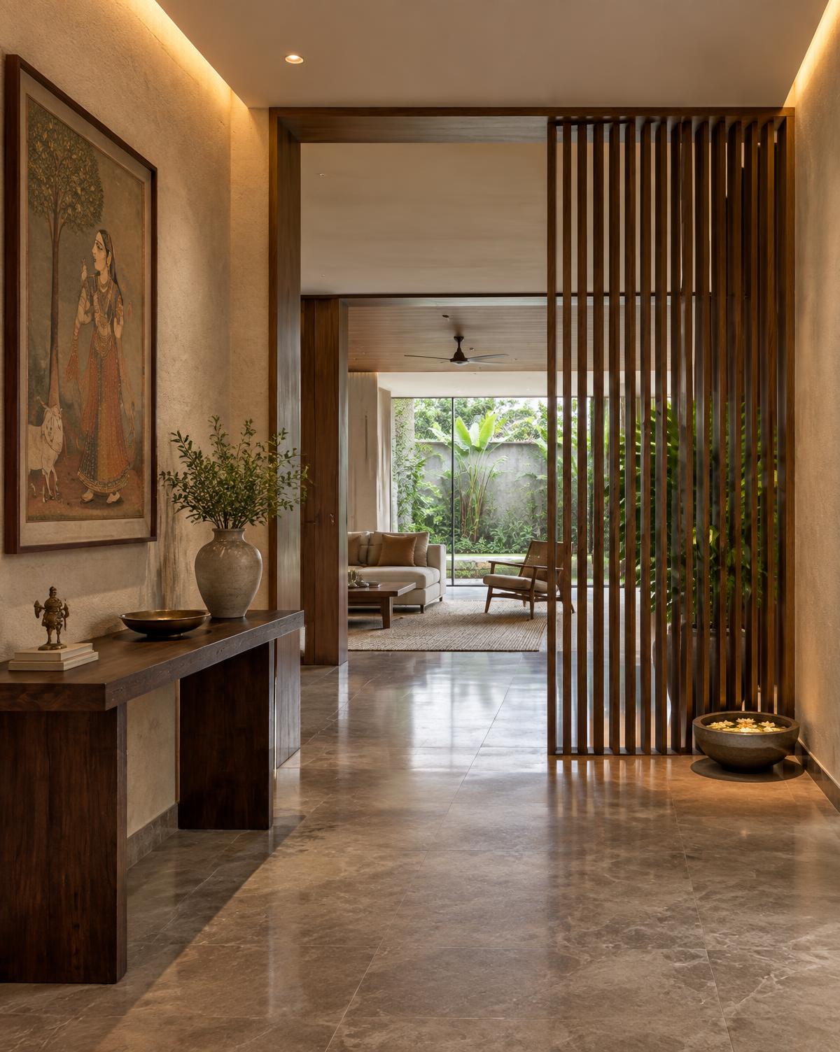 Warm modern Indian foyer concept