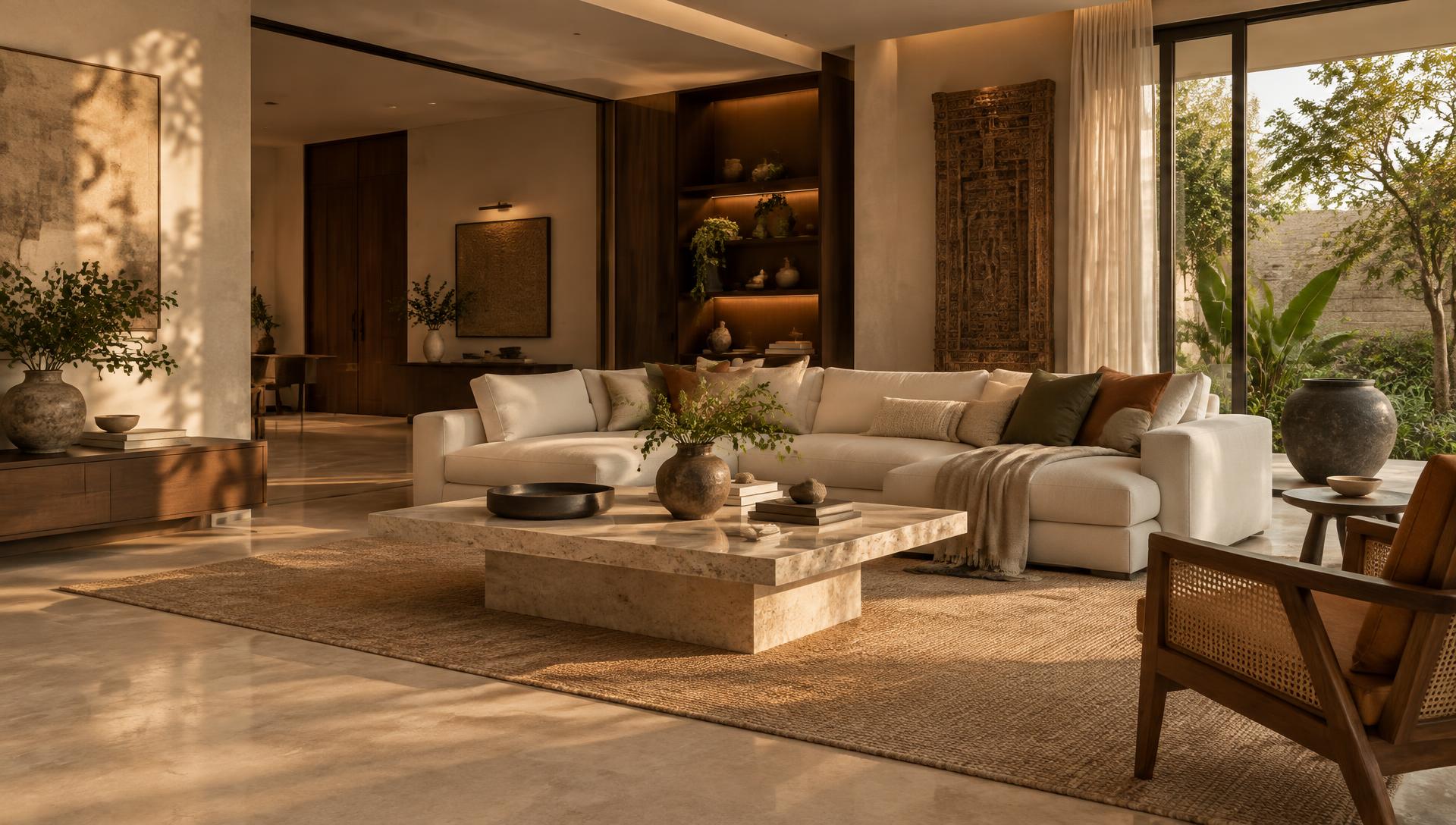 Warm modern Indian living room interior concept